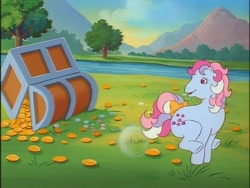 Size: 640x480 | Tagged: safe, sweet stuff, twinkle eyed pony, g1, my little pony 'n friends, bubble, buck, bucking, coin, magic coins, treasure chest