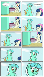 Size: 1184x2078 | Tagged: source needed, safe, artist:tikyotheenigma, edit, bon bon, lyra heartstrings, sweetie drops, pony, bag, bipedal, comic, tenso