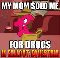 Size: 466x450 | Tagged: safe, oc, oc only, oc:cherry pie, fallout equestria, basket, caption, drugs, image macro, new pegas, pony in a basket