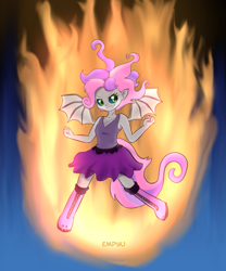 Size: 833x1000 | Tagged: safe, artist:empyu, sweetie belle, demon, equestria girls, 30 minute art challenge, boots, clothes, corrupted, fire, solo