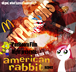 Size: 1000x950 | Tagged: safe, artist:daisyhead, angel bunny, oc, oc:flicker, :i, fuster cluck, mcdonald's, michael bay, murica, ponibooru film night, sonichu, vanilla coke, wat