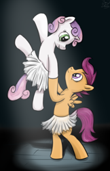 Size: 800x1232 | Tagged: safe, artist:brainedbysaucepans, scootaloo, sweetie belle, ballet, clothes, eye contact, female, flexible, holding, lesbian, raised leg, scootabelle, shipping, tutu