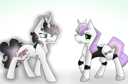 Size: 988x654 | Tagged: safe, artist:gloompelt, sweetie belle, sweetie bot, pony, robot, unicorn, friendship is witchcraft, mentally advanced series, female, hooves, horn, male, mare, open mouth, stallion, teeth, thrackerzod