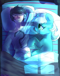 Size: 757x956 | Tagged: safe, artist:mewball, lyra heartstrings, oc, oc:anon, human, pony, unicorn, anon with a face, bed, clothes, female, human fetish, human male, humie, male, mare, sleeping, smiling