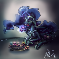 Size: 4000x4000 | Tagged: safe, artist:alumx, nightmare moon, absurd resolution, cupcake, elements of harmony, fangs, food, platter, solo