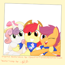 Size: 2000x2000 | Tagged: safe, artist:equestria-prevails, artist:lightningnickel, apple bloom, scootaloo, sweetie belle, adorabloom, cute, cutealoo, cutie mark crusaders, diasweetes, the ti gao project