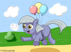 Size: 500x364 | Tagged: safe, artist:ratwhiskers, limestone pie, earth pony, pony, balloon, cute, female, flying, happy, limabetes, mare, open mouth