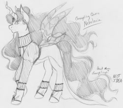 Size: 1000x880 | Tagged: safe, artist:kourabiedes, changeling, changeling queen, jewelry, monochrome, ponified, queen nehellenia, sailor moon, sketch