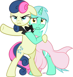 Size: 4000x4241 | Tagged: safe, artist:xebck, bon bon, lyra heartstrings, sweetie drops, pony, slice of life (episode), a view to a kill, bipedal, bon bond, clothes, dress, female, floppy ears, frown, glare, gritted teeth, hug, lesbian, looking at you, lyrabon, pointing, scared, secret agent sweetie drops, shipping, simple background, transparent background, vector, wide eyes