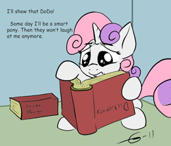Size: 900x765 | Tagged: safe, artist:gavalanche, artist:niffolaff, sweetie belle, book, comic sans, dictionary, frown, hoof hold, reading, sad, sitting, solo, sweetiedumb, upside down