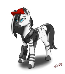 Size: 836x956 | Tagged: safe, artist:slouping, oc, oc only, oc:jiji, zebra, fallout equestria, cigarette, clothes, hat, simple background, smoking, solo, vest