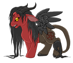 Size: 800x695 | Tagged: safe, artist:klumpeh, pegasus, pony, baphomet, horn, pentagram, ponified, satanic, wings