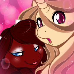 Size: 906x902 | Tagged: safe, artist:revadiehard, oc, oc only, oc:red velvet, pegasus, pony, unicorn, blushing, bust, colored pupils, duo, female, lidded eyes, looking at you, mare, open mouth, palindrome get, portrait