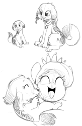 Size: 567x869 | Tagged: safe, artist:sunibee, diamond tiara, dog, earth pony, pony, comic, cute, diamondbetes, female, filly, foal, grayscale, laughing, licking, monochrome, open mouth, open smile, puppy, sitting, sketch, smiling, tongue, tongue out