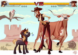 Size: 1250x880 | Tagged: safe, artist:jackpot-84, oc, oc only, cow, human, cigarette, cloven hooves, cowgirl, female, fight, udder, video game