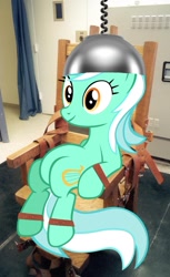 Size: 854x1399 | Tagged: safe, lyra heartstrings, pony, angst what angst?, electric chair, execution, female, mare, sitting, solo