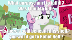 Size: 1280x720 | Tagged: safe, edit, edited screencap, screencap, sweetie belle, sweetie bot, pony, robot, unicorn, one bad apple, apple tree, caption, female, filly, foal, hooves, horn, image macro, megaman, meme, solo, song reference, teeth, text, the megas, tree, water