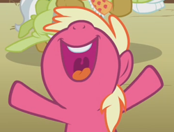 Size: 356x271 | Tagged: safe, screencap, apple strudel, granny smith, earth pony, pony, apple family reunion, apple family member, background pony, cropped, filly, foal, open mouth, pomegranate (character), solo focus, volumetric mouth