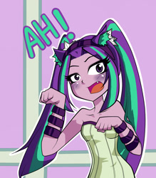 Size: 1399x1600 | Tagged: safe, artist:nekojackun, aria blaze, equestria girls, bare shoulders, behaving like a cat, blushing, dialogue, fake ears, fangs, looking at you, nya, open mouth, sleeveless, solo, strapless, tube top, wide eyes