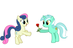 Size: 3000x2000 | Tagged: safe, bon bon, lyra heartstrings, sweetie drops, earth pony, pony, unicorn, female, flower, lesbian, lyrabon, rearing, rose, shipping, simple background, smiling, transparent background, vector