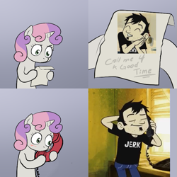 Size: 687x688 | Tagged: safe, sweetie belle, pony, unicorn, bipedal, blushing, call me for a good time, dan, dan vs, exploitable meme, female, filly, gradient background, hoof hold, horn, letter, meme, paper, phone, solo, sweetie's note meme, two toned hair, white coat