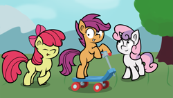 Size: 1825x1039 | Tagged: safe, artist:parttimebrony, apple bloom, scootaloo, sweetie belle, cutie mark crusaders, scooter