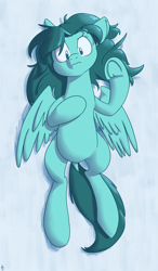 Size: 2100x3600 | Tagged: safe, artist:goat train, oc, oc only, oc:cumulonimbus, pony, alternate hairstyle, body pillow, body pillow design, loose hair, on back, solo, spread wings, underhoof