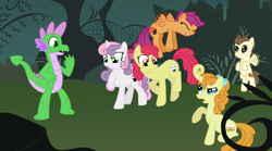 Size: 1398x775 | Tagged: safe, artist:skyjagged, apple bloom, pound cake, pumpkin cake, scootaloo, spike, sweetie belle, dragon, older, poison joke, teenage spike