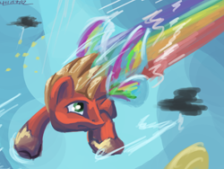 Size: 4000x3000 | Tagged: safe, artist:lukeine, big macintosh, earth pony, pony, clear the skies, flying, game, gameloft, glimmer wings, male, stallion