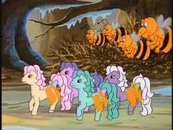Size: 640x480 | Tagged: safe, forget me not, lily (g1), peach blossom, queen rosedust, rosedust, bee, flutter pony, g1, my little pony 'n friends, bumbleland, honey