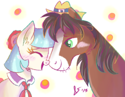 Size: 2700x2100 | Tagged: safe, artist:dreamscapevalley, coco pommel, trouble shoes, pony, blushing, boop, crack shipping, cute, ear fluff, eyes closed, female, hat, male, mare, noseboop, nuzzling, open mouth, shipping, simple background, smiling, stallion, straight, transparent background, troublepommel