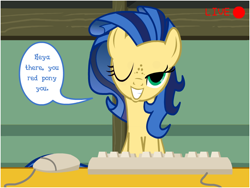 Size: 800x600 | Tagged: safe, oc, oc only, oc:milky way, pony, ask, camera, camera shot, computer mouse, dialogue, female, keyboard, mare, show accurate, solo, wink