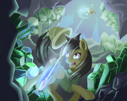 Size: 3000x2400 | Tagged: safe, artist:lukeine, daring do, oc, griffon, crystal, spear