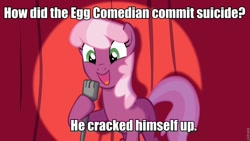 Size: 960x540 | Tagged: safe, cheerilee, earth pony, pony, cheerilee pun, curtain, egg, exploitable meme, female, green eyes, mare, meme, microphone, open mouth, smiling, solo, spotlight, text, two toned mane, two toned tail