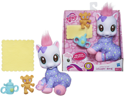 Size: 3385x2618 | Tagged: safe, bear, baby, blanket, bottle, bow, bunny slippers, clothes, doll, filly, foal, hasbro, hub logo, hubble, lullaby moon, official, slippers, so soft, the hub, toy