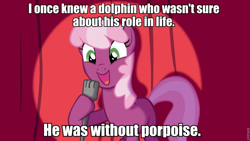 Size: 960x540 | Tagged: safe, cheerilee, dolphin, earth pony, pony, cheerilee pun, curtain, exploitable meme, female, green eyes, mare, meme, microphone, open mouth, smiling, solo, spotlight, text, two toned mane, two toned tail