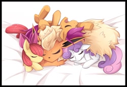 Size: 1440x993 | Tagged: safe, artist:jinzhan, apple bloom, scootaloo, sweetie belle, pony, adorabloom, crossover, cuddle puddle, cuddling, cute, cutealoo, cutie mark crusaders, diasweetes, flareon, pokémon, pony pile, sleeping