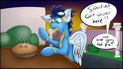 Size: 2755x1545 | Tagged: safe, artist:mrmayortheiv, soarin', pie, raised hoof, that pony sure does love pies, tongue out