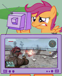 Size: 563x686 | Tagged: safe, scootaloo, chicken, defiance, exploitable meme, gun, scootachicken, tv meme