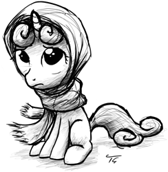 Size: 1652x1694 | Tagged: safe, artist:topgull, sweetie belle, clothes, scarf, sketch