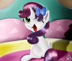 Size: 1900x1600 | Tagged: safe, artist:silverwindpegasus, sweetie belle, butterfly, pony, unicorn, bed, female, filly, white coat