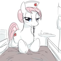 Size: 1280x1280 | Tagged: safe, artist:mirapony, nurse redheart, bedroom eyes, female, mouth hold, pov, solo, syringe