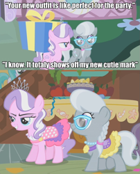 Size: 777x960 | Tagged: safe, edit, edited screencap, screencap, diamond tiara, silver spoon, call of the cutie, caption, clothes, dress, glasses, present