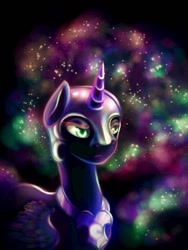 Size: 768x1024 | Tagged: safe, artist:mausefang, nightmare moon, alicorn, black coat, female, horn, mare, simple background, solo