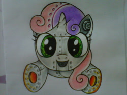 Size: 1280x960 | Tagged: safe, sweetie belle, sweetie bot, pony, robot, unicorn, female, filly, foal, hooves, horn, looking at you, open mouth, smiling, solo