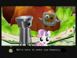 Size: 768x576 | Tagged: safe, sweetie belle, sweetie bot, pony, robot, robot pony, unicorn, chibi-robo, female, filly, foal, horn, looking at you, open mouth, telly vision, text