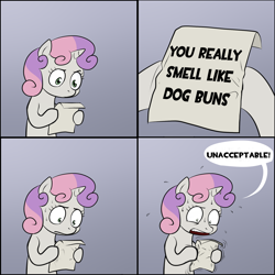 Size: 1800x1800 | Tagged: safe, artist:lemondevil, edit, sweetie belle, pony, unicorn, adventure time, bipedal, biporarity, comic, dialogue, exploitable meme, female, filly, gradient background, hoof hold, horn, lemongrab, letter, meme, paper, solo, speech bubble, sweetie's note meme, two toned hair, two toned mane, unacceptable, white coat