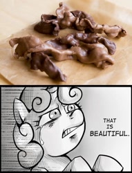 Size: 536x700 | Tagged: safe, sweetie belle, bacon, chocolate, chocolate-covered bacon, exploitable meme, meme, that is beautiful