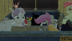 Size: 1920x1080 | Tagged: safe, artist:funnystargalloper, apple bloom, scootaloo, sweetie belle, rat, 3d, alicorn amulet, coca-cola, computer, dumpster, gnome chompski, source filmmaker, syringe