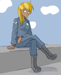 Size: 500x614 | Tagged: safe, artist:allosaurus, artist:sallymon, lightning dust, clothes, humanized, jumpsuit, shiny, wonderbolts